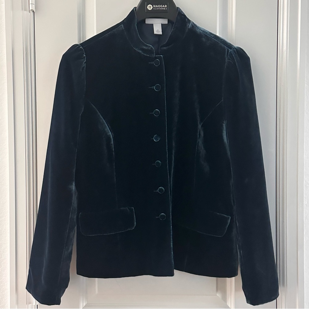 Dressbarn Womens Velvet Blazer Mandarin Collar Button Front Size 12 Navy Blue